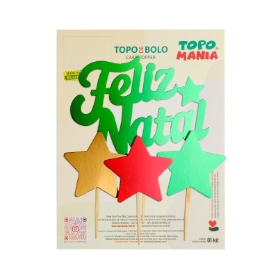Topo de bolo 'Feliz Natal' verde com estrelas dourada, vermelha e verde em palitos de madeira embalados