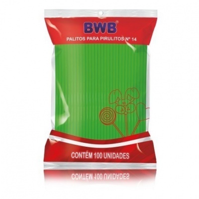 Pacote de 100 palitos verdes para pirulitos BWB em embalagem vermelha e transparente.