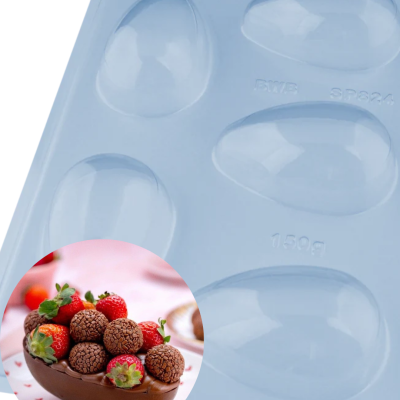 Forma azul clara de silicone para ovos de chocolate com cinco cavidades em forma de ovo