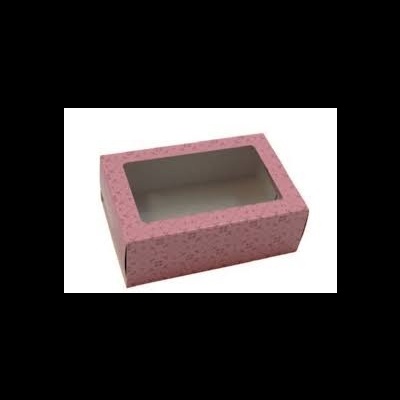 Caixa de papelão cor-de-rosa com tampa transparente e padrão floral