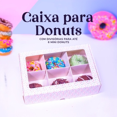 Caixa para Donuts com 6 divisórias e mini donuts coloridos decorados