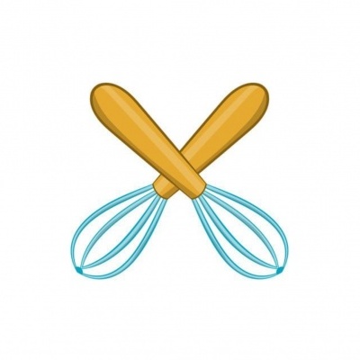 Dois batedores de arame com cabos amarelos cruzados