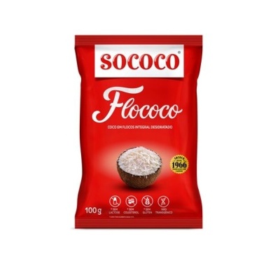 Embalagem vermelha do produto flocos de coco SOCOCO com selo desde 1966