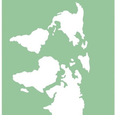 Stencil verde com recortes de ilhas e texto 'LELA' e número '15'