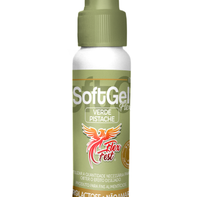 Frasco de plástico branco com tampa verde com rótulo verde pistache SoftGel Flex Verde Pistache.