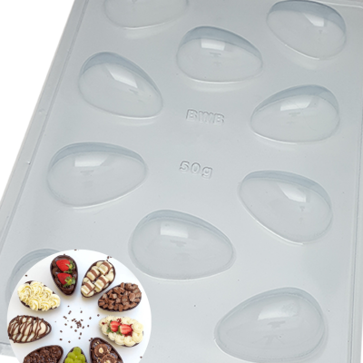 Molde transparente para ovos de Páscoa com 10 cavidades e imagem de ovos de chocolate decorados