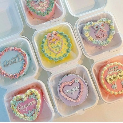 Seis bolos pequenos decorados coloridos em caixas plásticas brancas transparentes