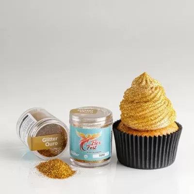 Frascos de glitter dourado e cupcake com cobertura dourada brilhante