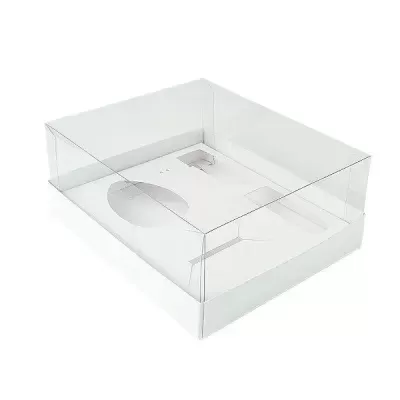 Caixa transparente com base branca moldada para três objetos