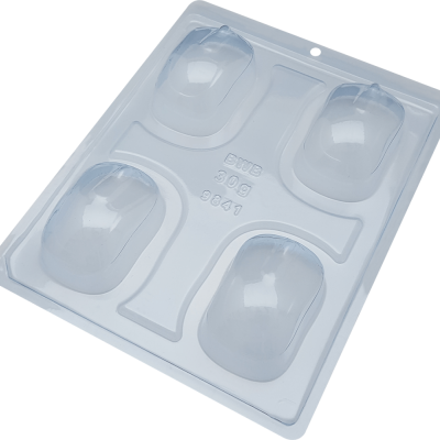 Moldes transparentes em plástico com 4 cavidades ovaladas e texto embossado