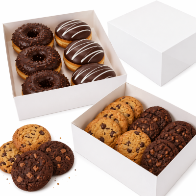 Donuts e bolachas de chocolate em caixas brancas