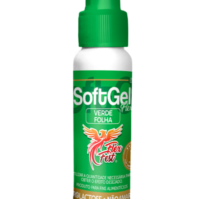 Frasco branco com tampa e bico verde, rótulo verde SoftGel Flex Verde Folha Flex Fest