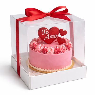 Bolo rosa em caixa transparente com fita vermelha e decoração Te Amo