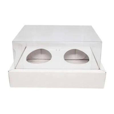 Caixa branca para bolos ou cupcakes com tampa transparente e dois círculos para suporte