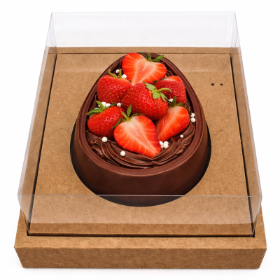 Ovo de chocolate com morangos em embalagem transparente e base de cartão