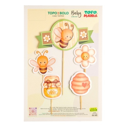 Topo de bolo decorativo com abelha, flor, pote de mel e colmeia em cartão e madeira