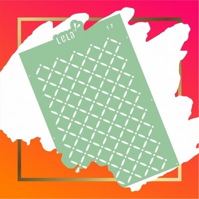 Cartão verde com padrão branco e texto LOLA 17 sobre fundo vermelho-laranja