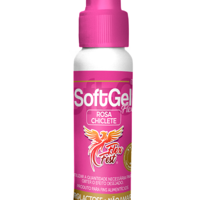 Frasco SoftGel Flex sabor Rosa Chiclete com rótulo rosa e tampa rosa