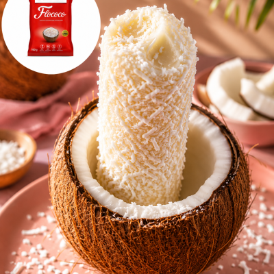 Gelado de côco coberto com côco ralado servido em casca de coco e embalagem vermelha ao fundo.