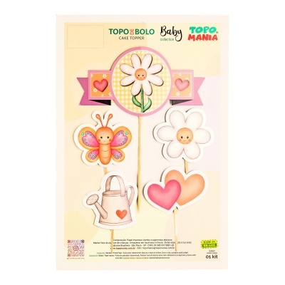 Topo de bolo com flores, borboleta, corações e regador em madeira colorida