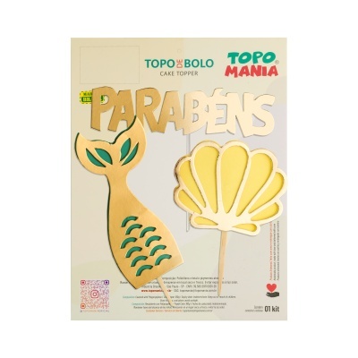 Topo de bolo dourado com cauda de sereia verde e concha em embalagem branca