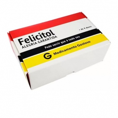 Embalagem do produto Felicitol com faixas coloridas e texto informativo.