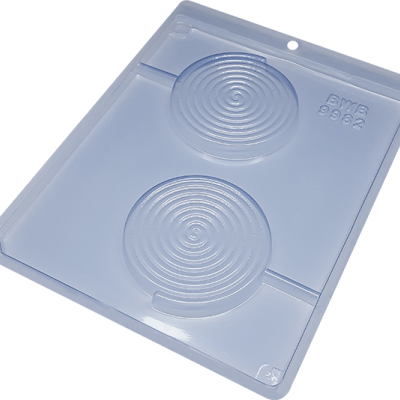 Molde plástico transparente com duas cavidades circulares em espiral para chocolate