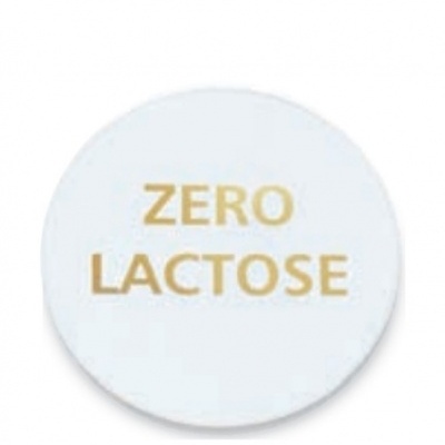 Etiqueta redonda branca com texto dourado ZERO LACTOSE