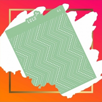 Folha verde com padrão de pontilhado branco sobre fundo vermelho e laranja