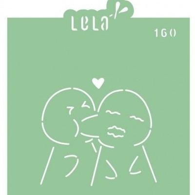 Stencil verde com desenho branco de duas figuras humanas estilizadas beijando-se e texto 'LELA' e '160'