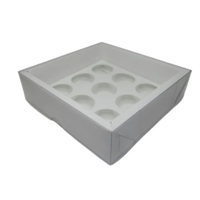 Caixa branca de cartão com interior de espuma para nove objetos redondos