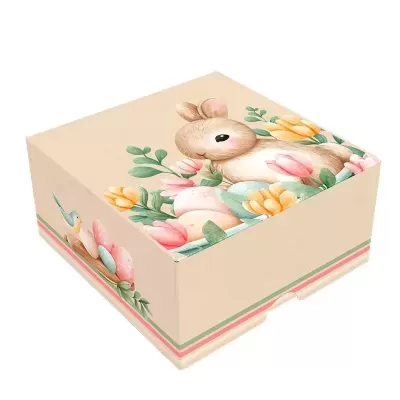 Caixa quadrada com ilustração de coelho e flores em tons pastel