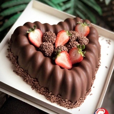 Bolo de chocolate em forma de coração decorado com morangos e brigadeiros numa caixa branca.