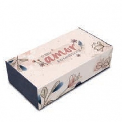 Caixa retangular decorativa com flores e texto amor