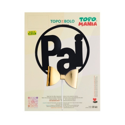 Topo de bolo preto com texto 'Pai' e laço dourado sobre fundo branco com texto colorido