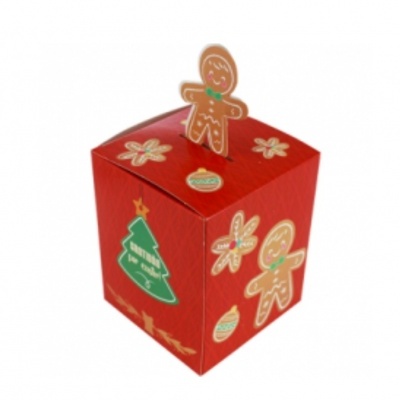 Caixa vermelha decorada com motivos natalícios de gomas e biscoitos de gengibre