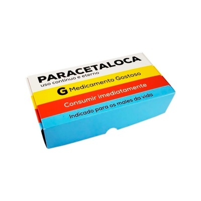 Embalagem colorida de medicamento PARACETALoca com texto em português