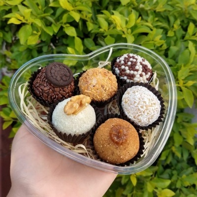 Caixa de plástico em forma de coração com seis brigadeiros decorados diferentes, segurada por uma mão, com fundo de plantas verdes.