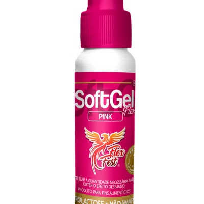 Frasco plástico branco e rosa com tampa rosqueada rosa e rótulo rosa SoftGel Flex PINK