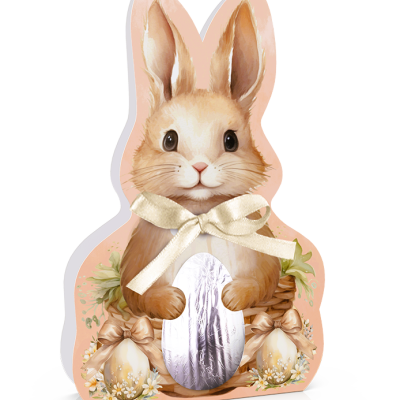 Embalagem em forma de coelho com ovo prateado brilhante ao centro