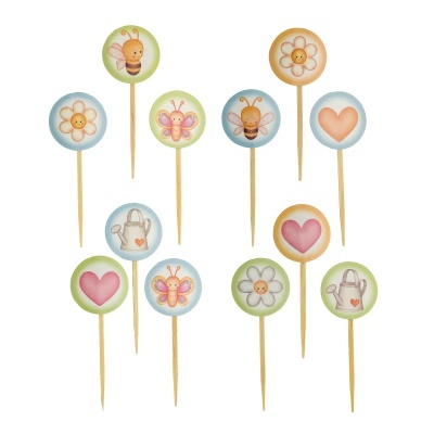 Palitos decorativos com desenhos coloridos de abelhas, flores, corações e borboletas.