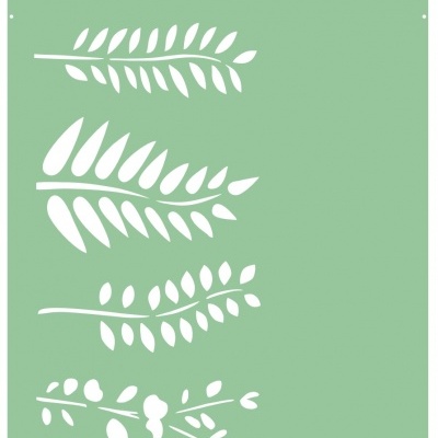 Stencil verde com desenhos de ramos e folhas brancas da marca Lola número 57