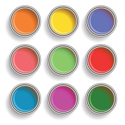 Nove latas abertas contendo diferentes cores vivas de tinta, organizadas em uma grade 3x3.