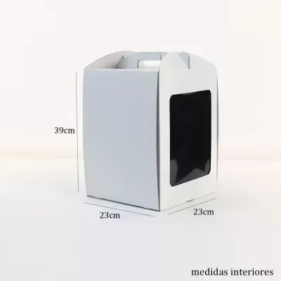 Caixa branca de cartão com janela de plástico e alça