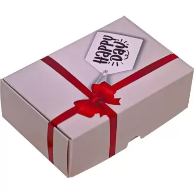 Caixa de presente branca com fita vermelha e etiqueta 'Happy Monday'.