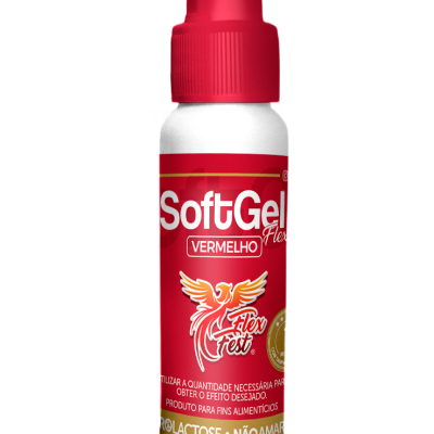 Frasco branco com tampa e rótulo vermelho SoftGel Flex Vermelho com logótipo de fénix alada