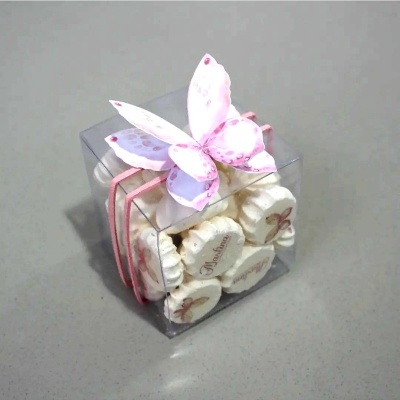 Caixa transparente com peças decorativas brancas, fita rosa e borboleta de papel rosa