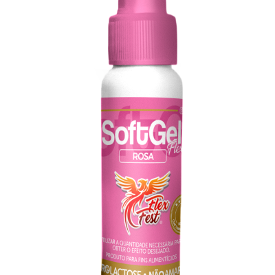 Frasco plástico com tampa rosa e rótulo rosa SoftGel Flex Fest