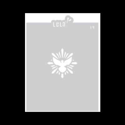 Símbolo branco de pomba estilizada sobre fundo cinza com texto 'lelal' e número '14'