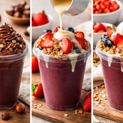 Três copos transparentes com smoothies roxos e diferentes coberturas de Nutella, frutas, granola e gelado.